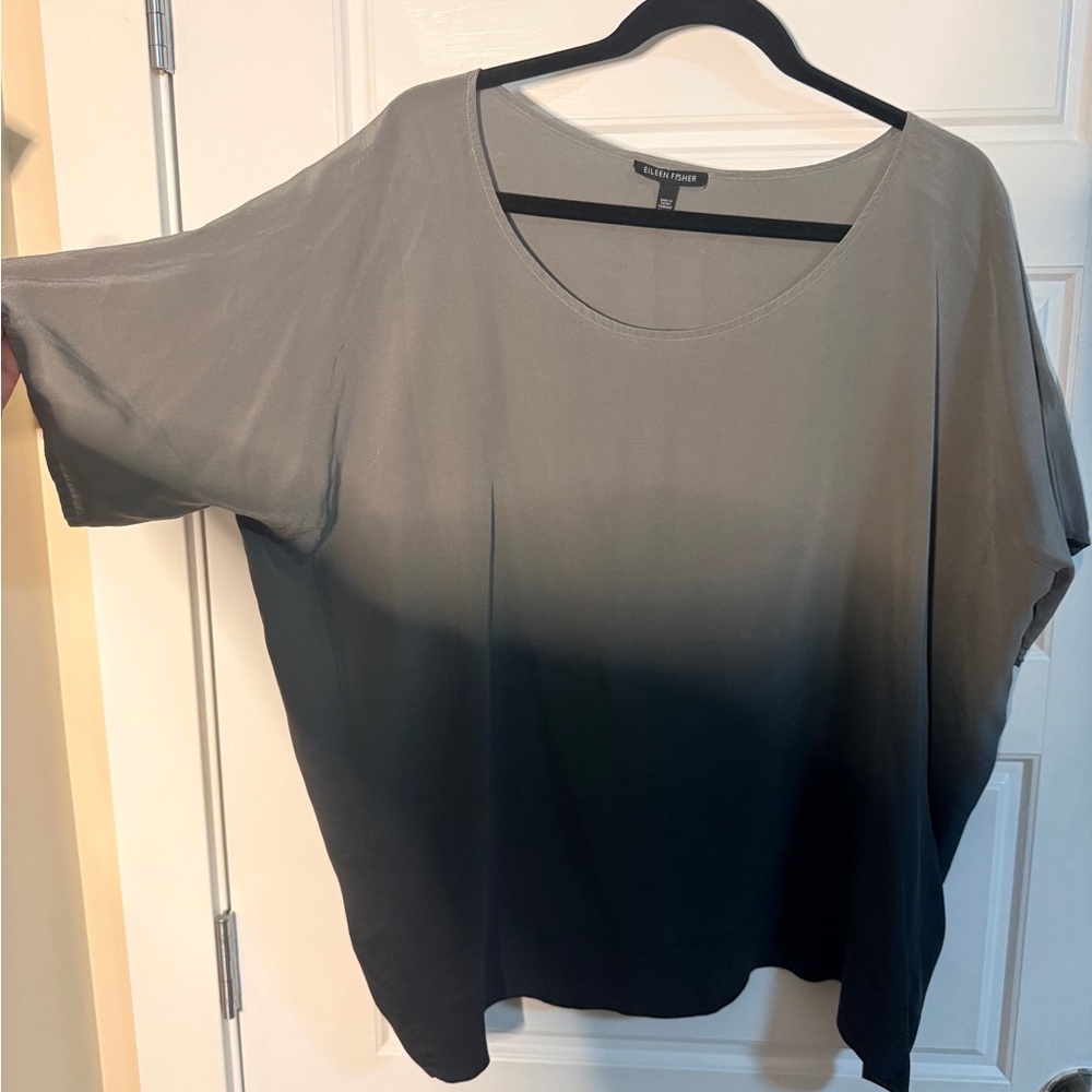 #48 Eileen Fisher Gray-to-Black Ombre Short Sleeve Top 100% Silk